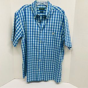 Orvis Short Sleeve Button Down Blue Green Plaid Size L Active Fit Pocket Casual